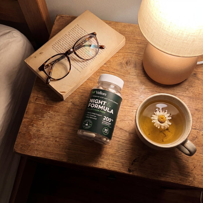 Night Formula on the nightstand with a book and chamomile tea