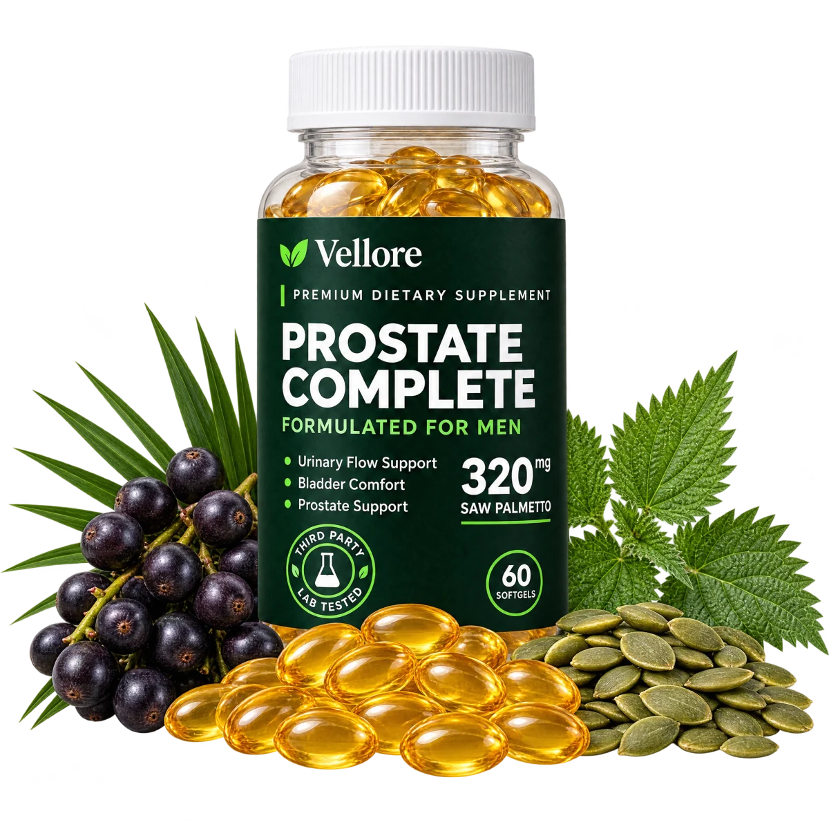Vellore Prostate Complete with softgels, saw palmetto berries, nettle and pumpkin seeds