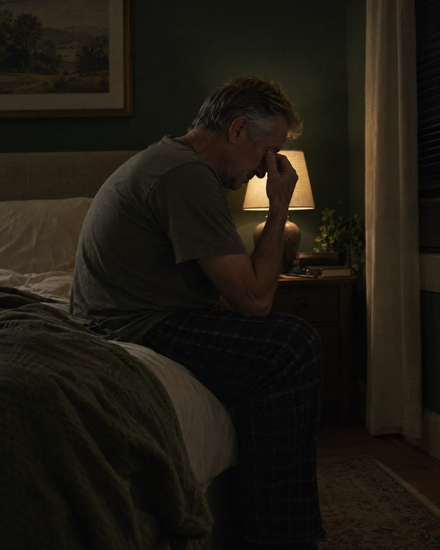A man sitting on the edge of his bed in the middle of the night
