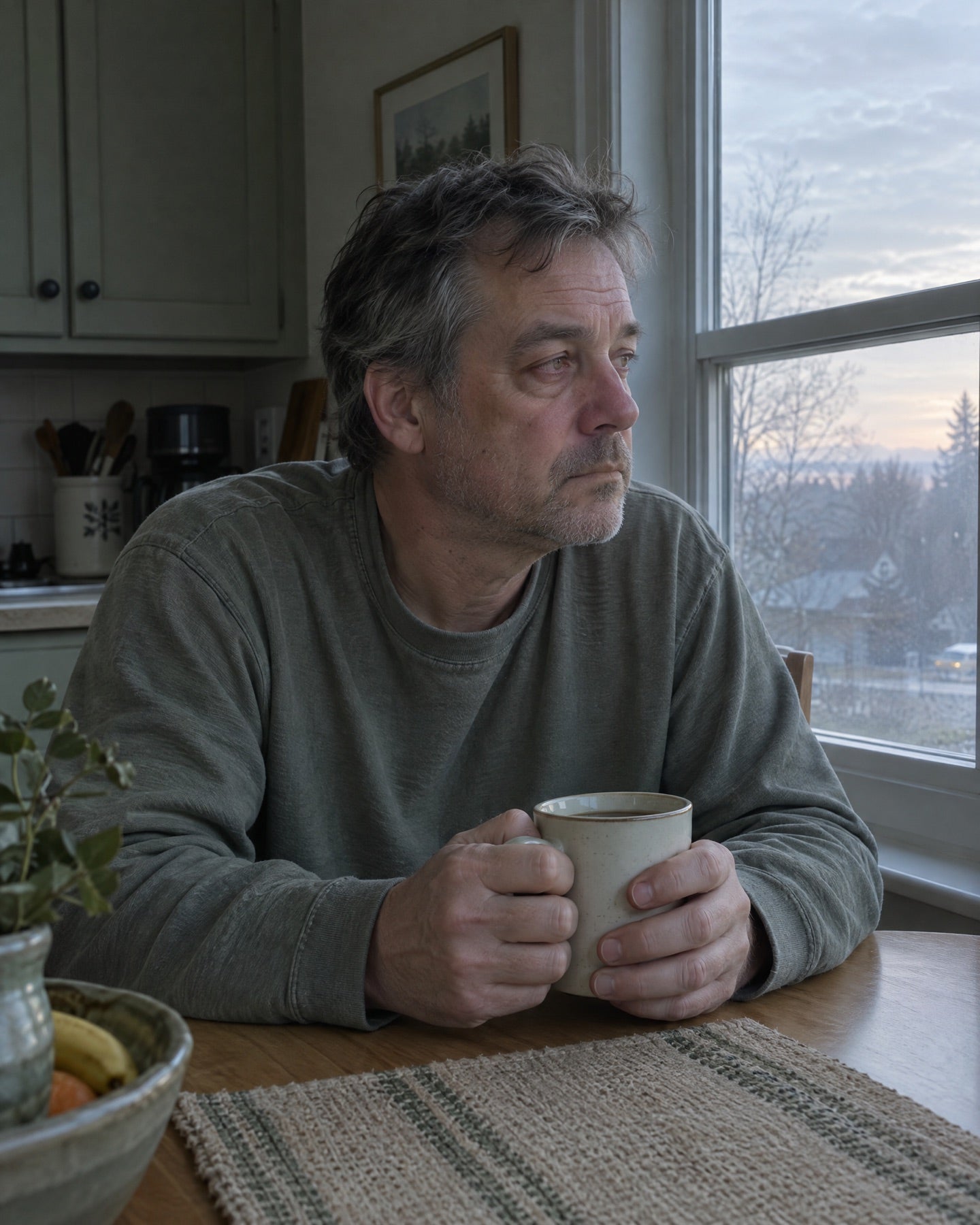 A tired man holding a coffee mug by the window in the morning
