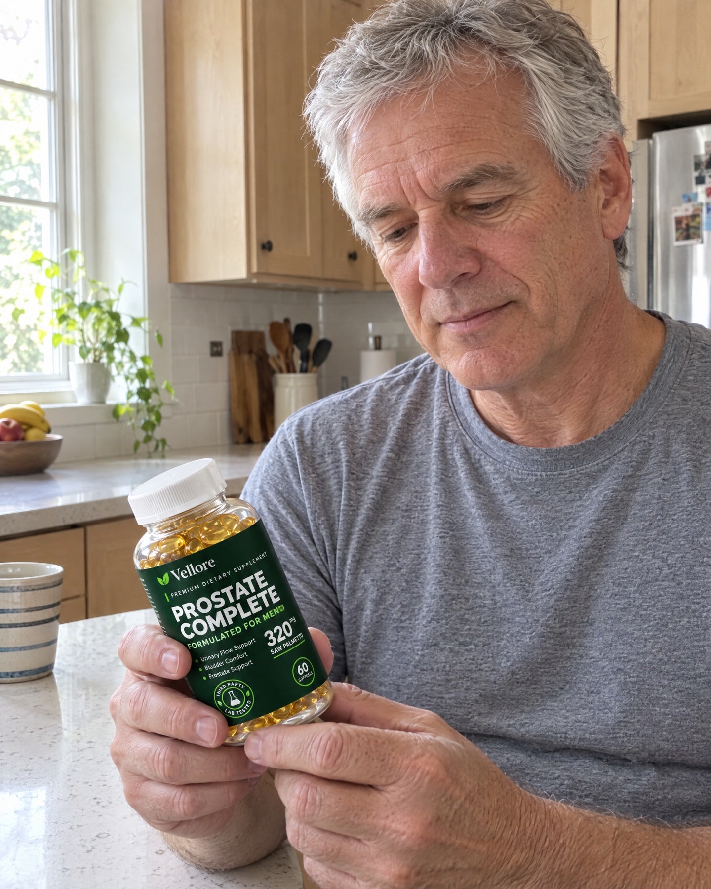 Reading the label in the kitchen