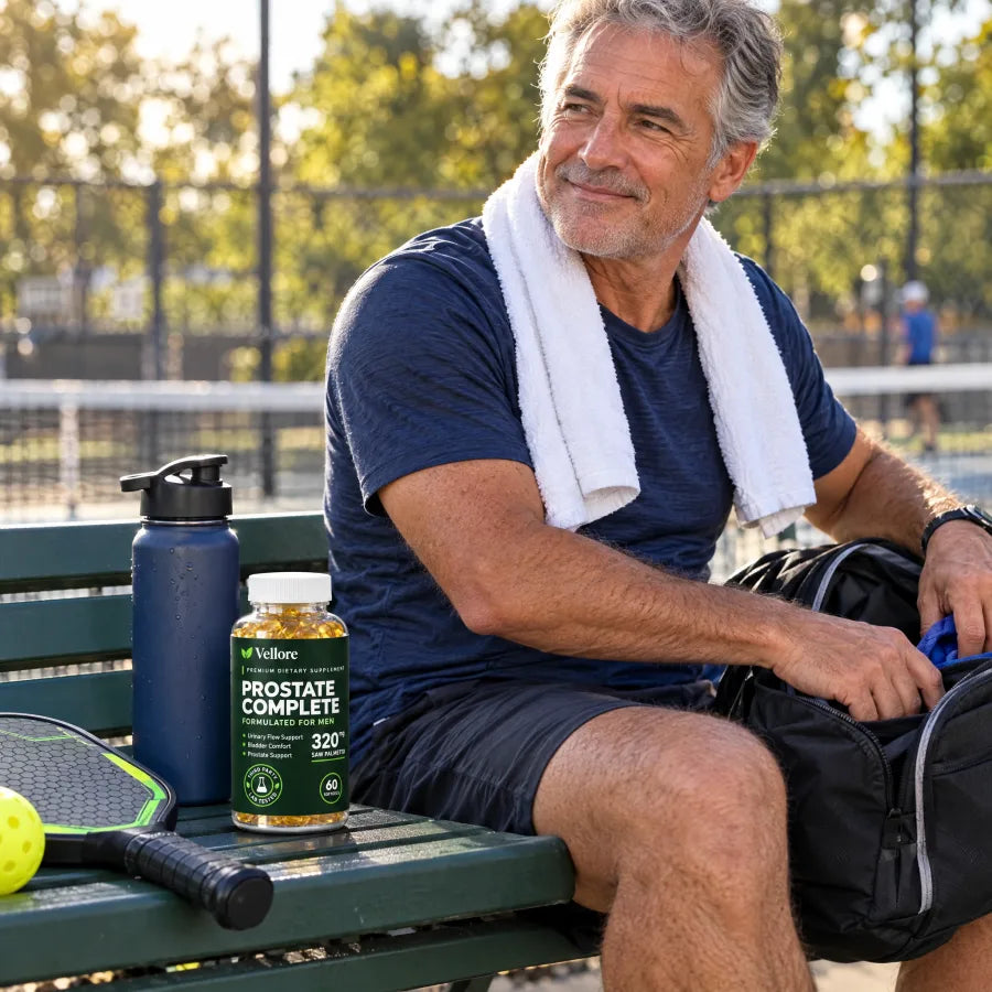 A man in his sixties resting courtside after a pickleball game, the bottle on the bench