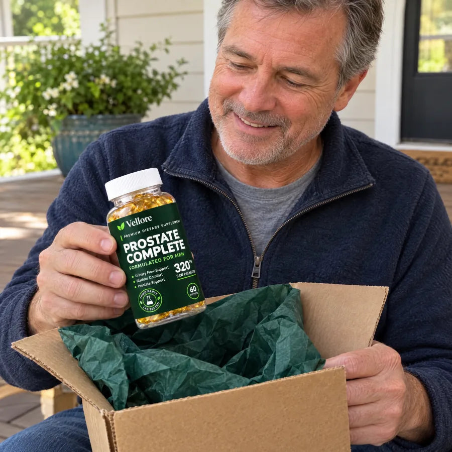 A man unboxing his Vellore order on the front porch