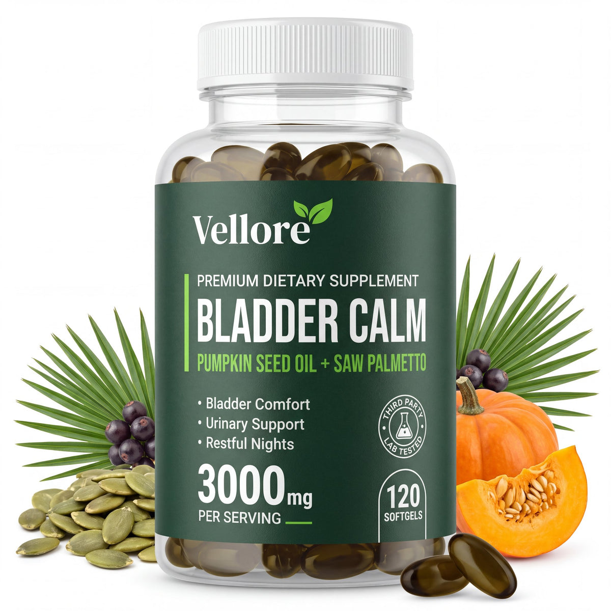 Vellore Bladder Calm bottle with a pumpkin, pumpkin seeds, saw palmetto berries and palm leaves