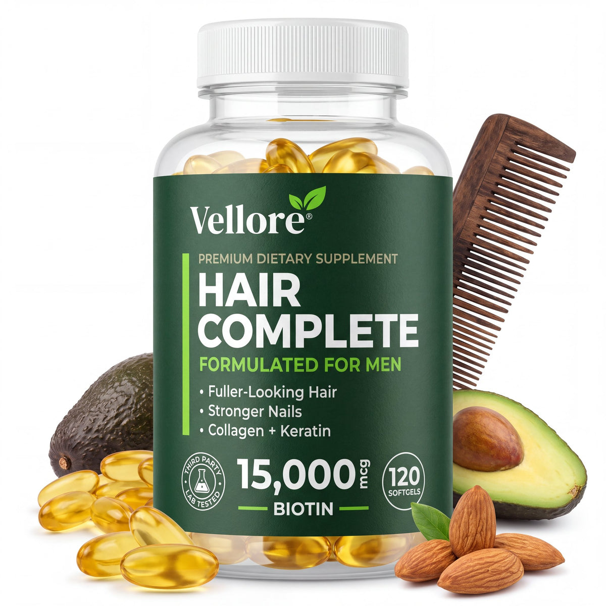 Vellore Hair Complete for Men bottle with a wooden comb, avocado, almonds and biotin softgels