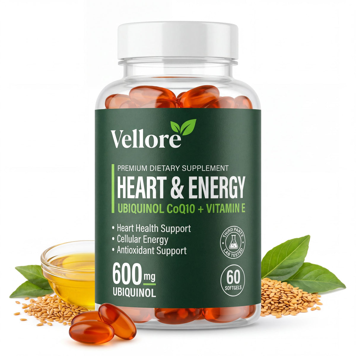 Vellore Heart & Energy bottle with flaxseeds, flaxseed oil and glossy orange ubiquinol softgels