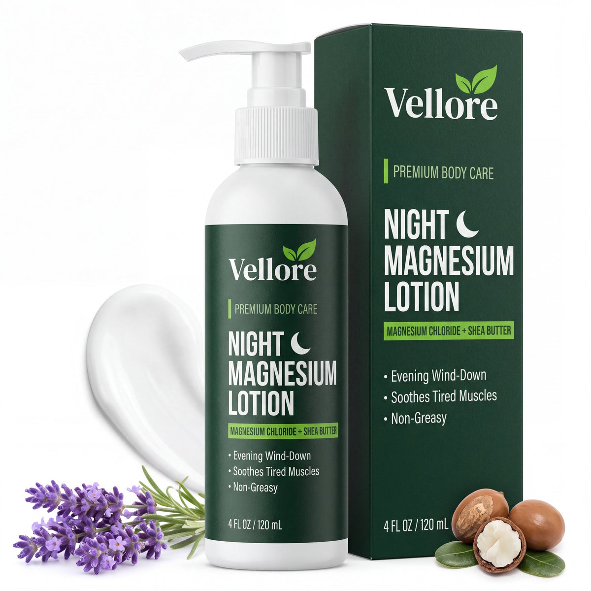 Vellore Night Magnesium Lotion pump bottle and box with shea nuts, lavender and a lotion swatch