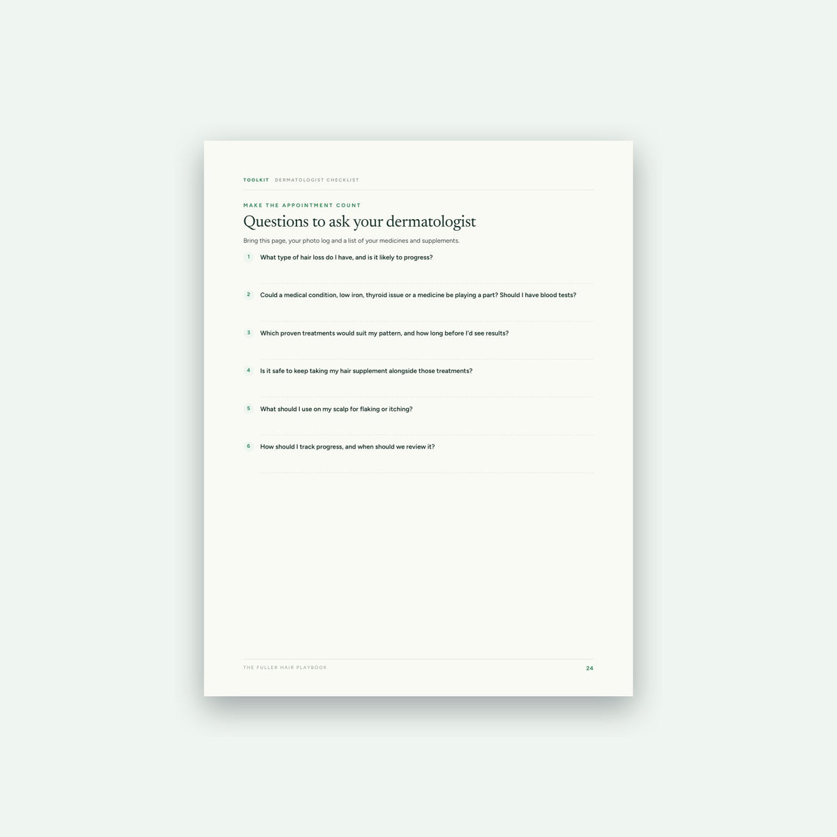 The Fuller Hair Playbook printable checklist page