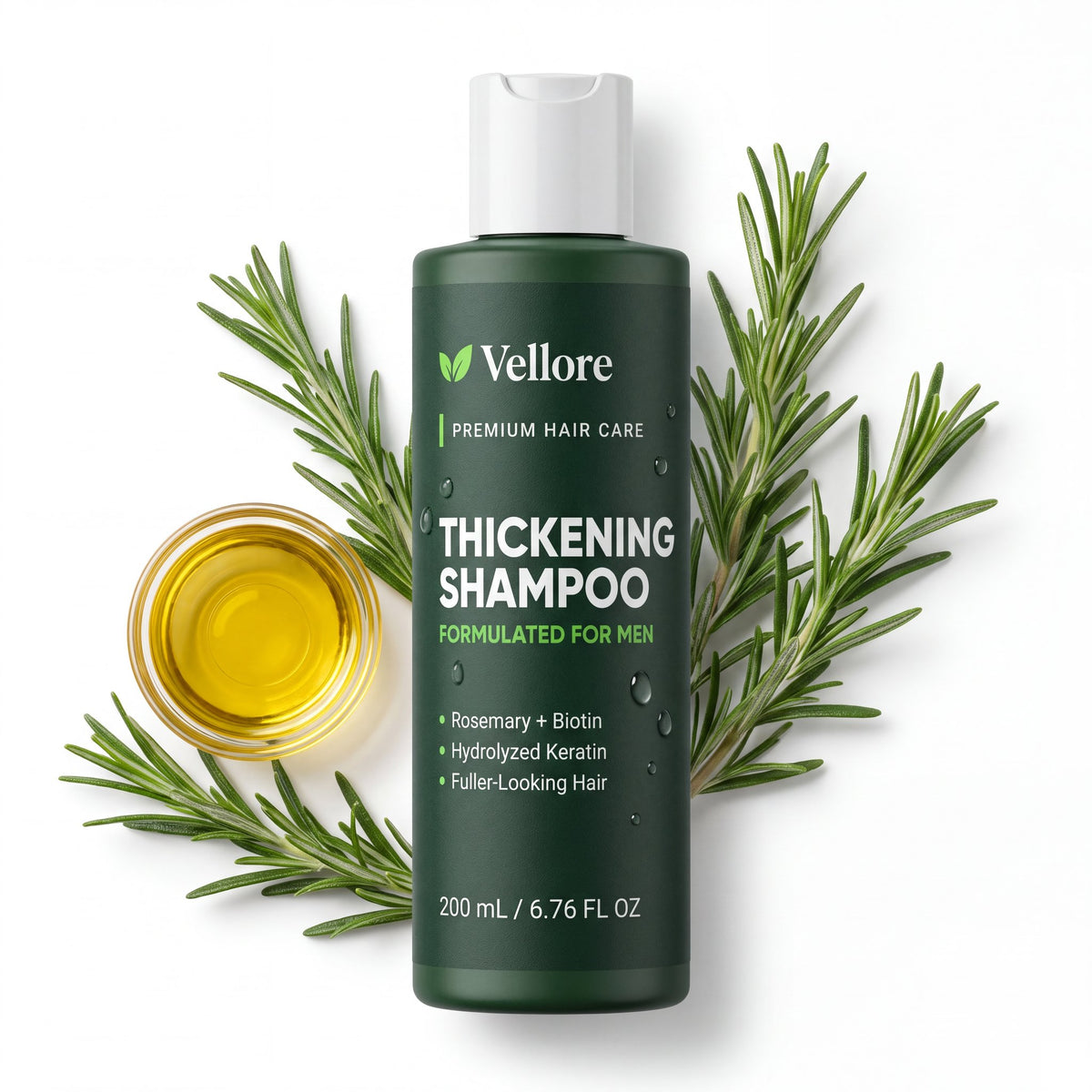 Vellore Thickening Shampoo for Men hero shot with fresh rosemary sprigs on a stone shelf