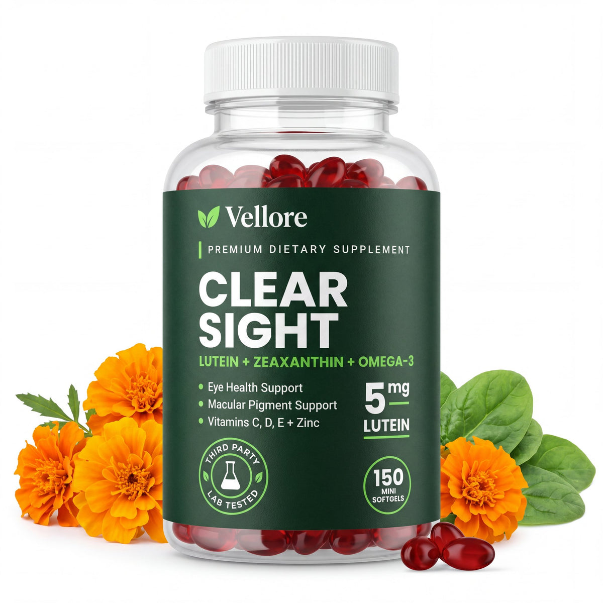 Vellore Clear Sight bottle with marigold flowers, the natural source of lutein, and leafy greens