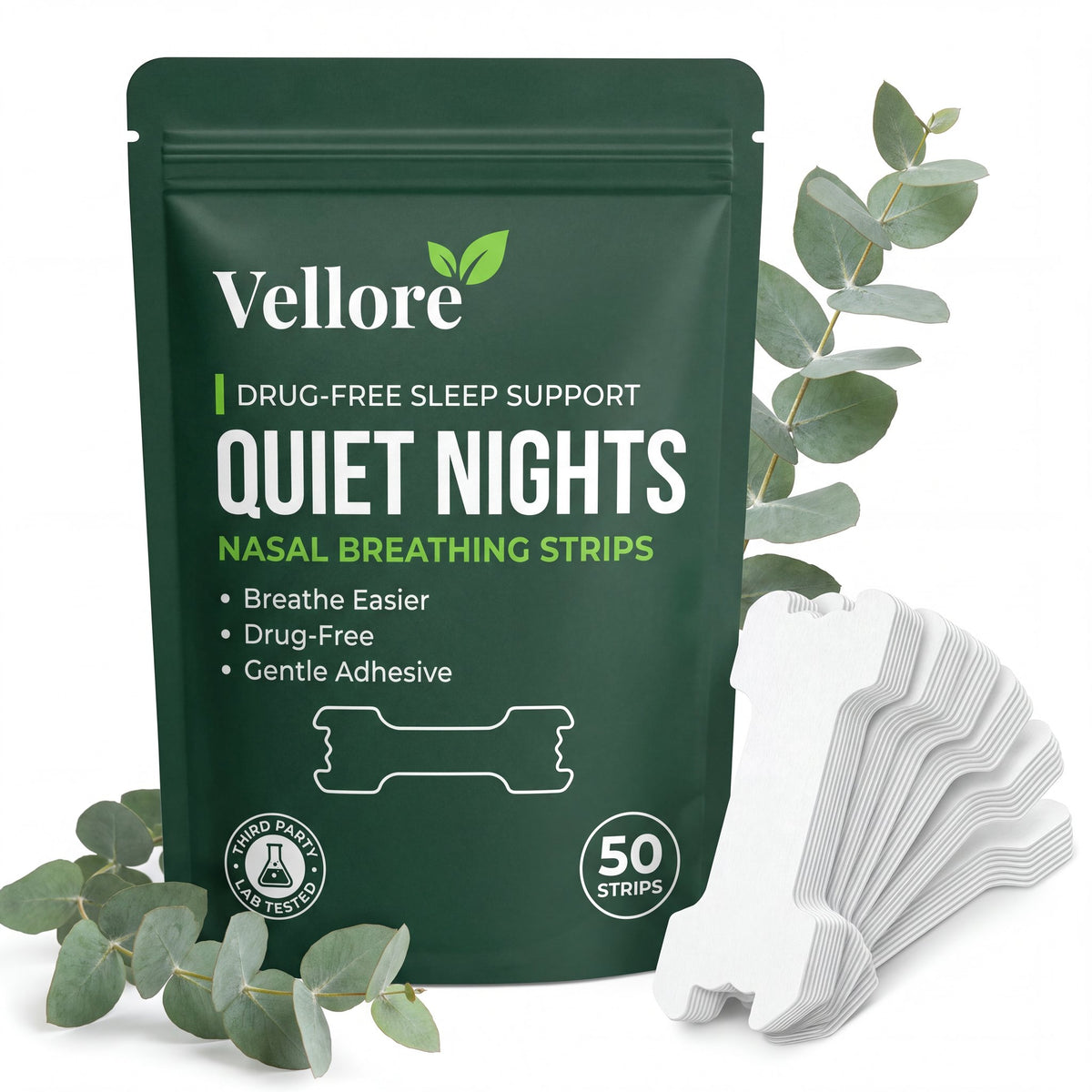 Vellore Quiet Nights nasal breathing strips pouch with a stack of white strips and eucalyptus