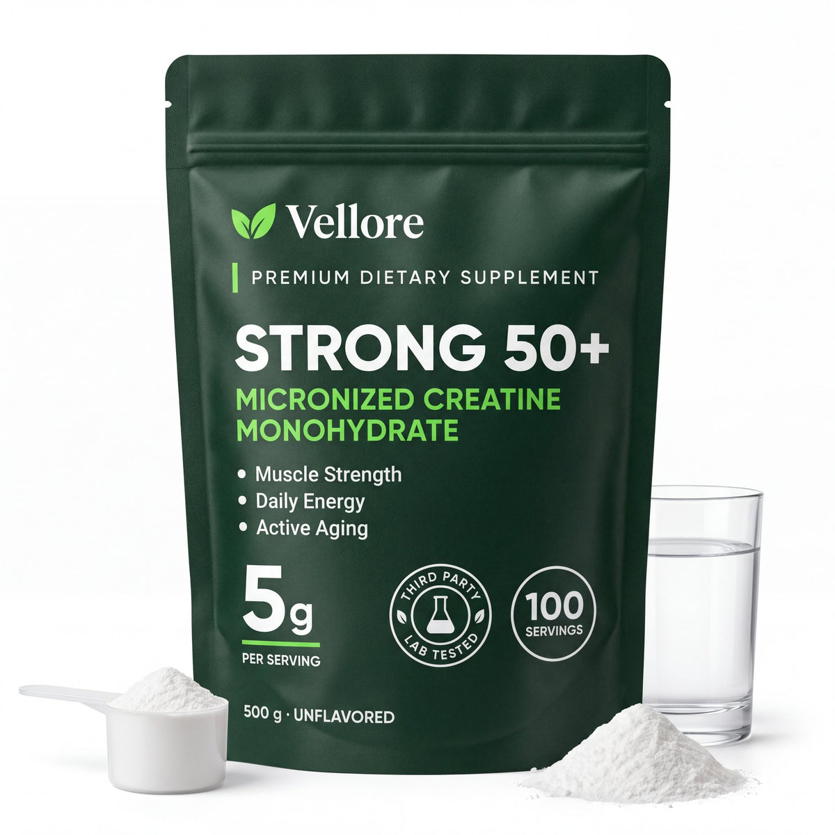 Vellore Strong 50+ creatine pouch with a scoop of fine white powder and a glass of water
