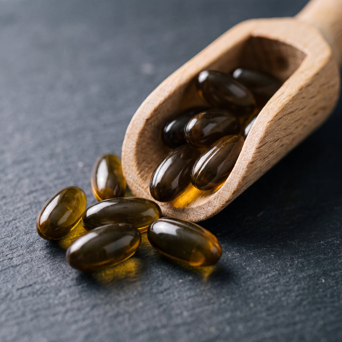Golden pumpkin seed oil softgels from Vellore Bladder Calm in a wooden scoop