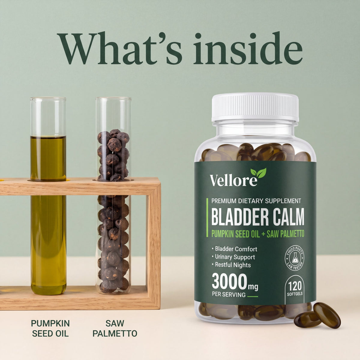 What's inside Bladder Calm: 3,000 mg cold-pressed pumpkin seed oil with saw palmetto per 2 softgels