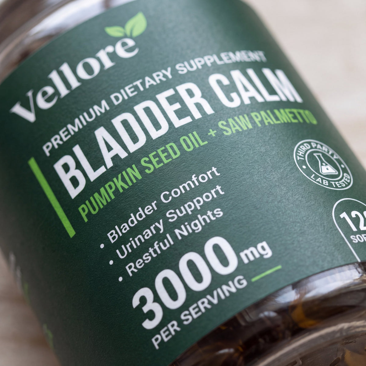 Close-up of the Bladder Calm supplement facts label showing 3,000 mg per serving
