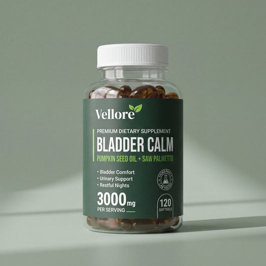 Vellore Bladder Calm bottle of 120 pumpkin seed oil with saw palmetto softgels