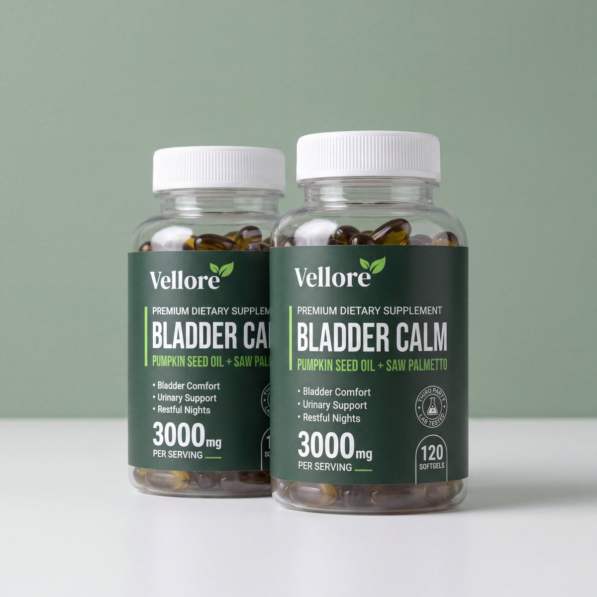 Two bottles of Vellore Bladder Calm pumpkin seed oil softgels, a 120-day supply