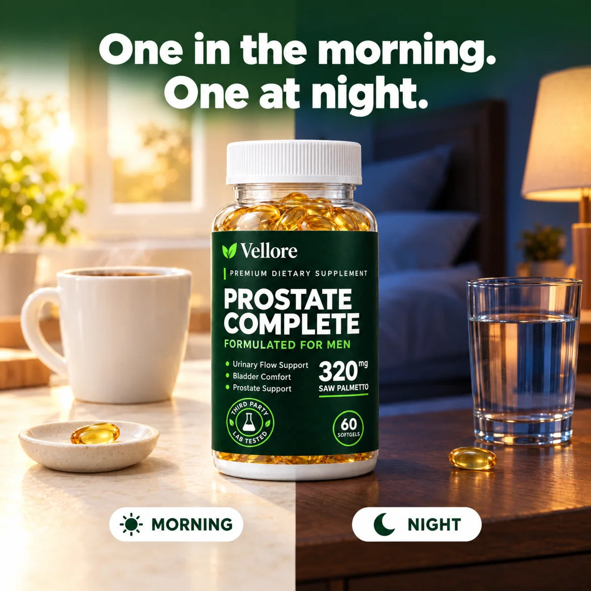 One softgel in the morning, one at night: Vellore Prostate Complete with a morning coffee and a bedside glass of water