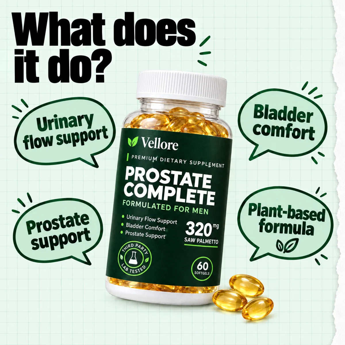 Open bottle of Vellore Prostate Complete with amber saw palmetto softgels spilled beside it