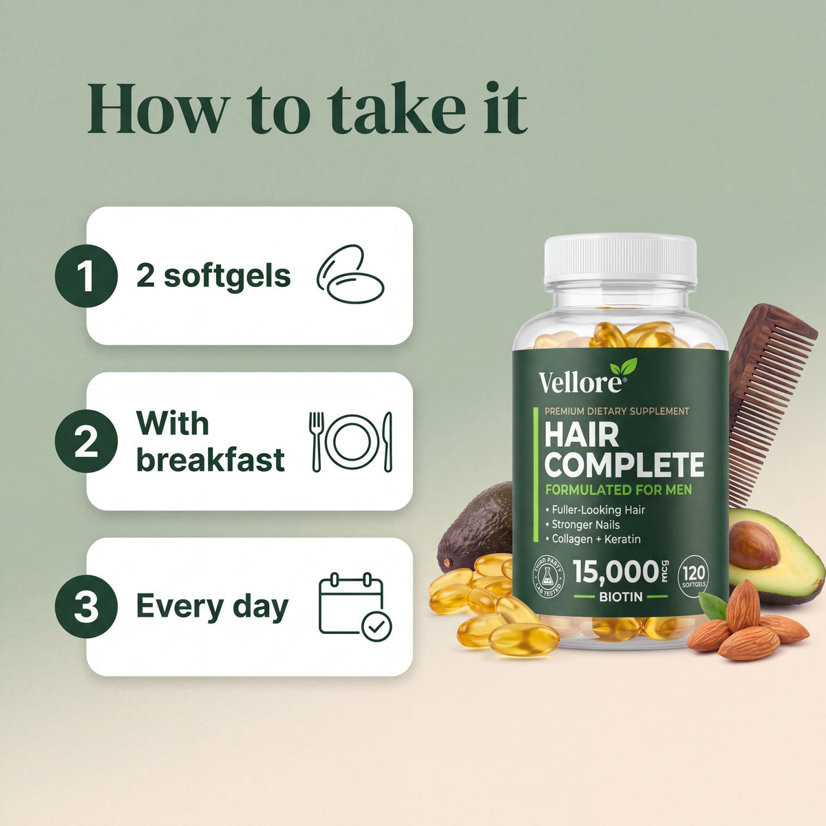 How to use Hair Complete for Men: take 2 softgels a day with food