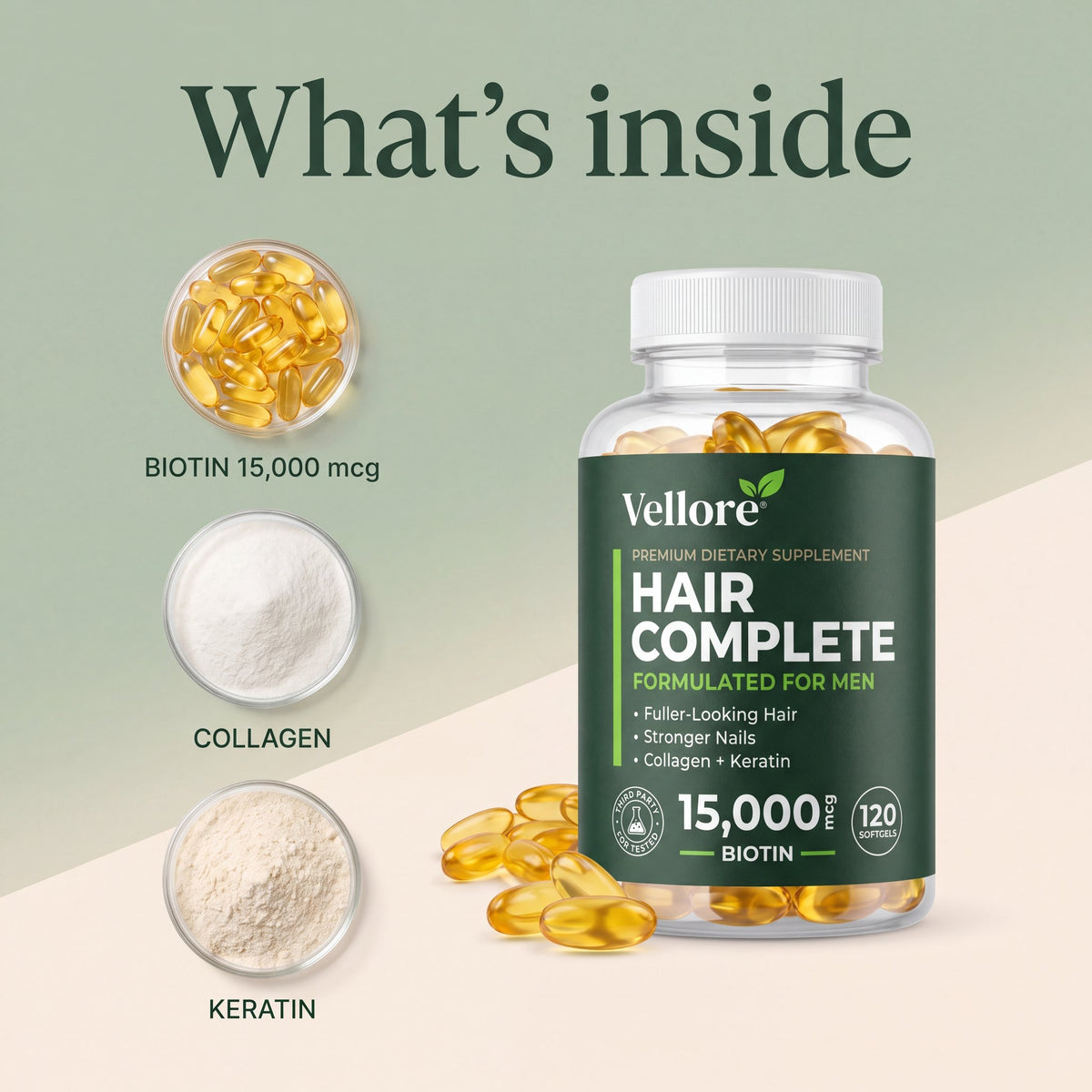 What's inside Hair Complete for Men: biotin 15,000 mcg with collagen and keratin per 2 softgels