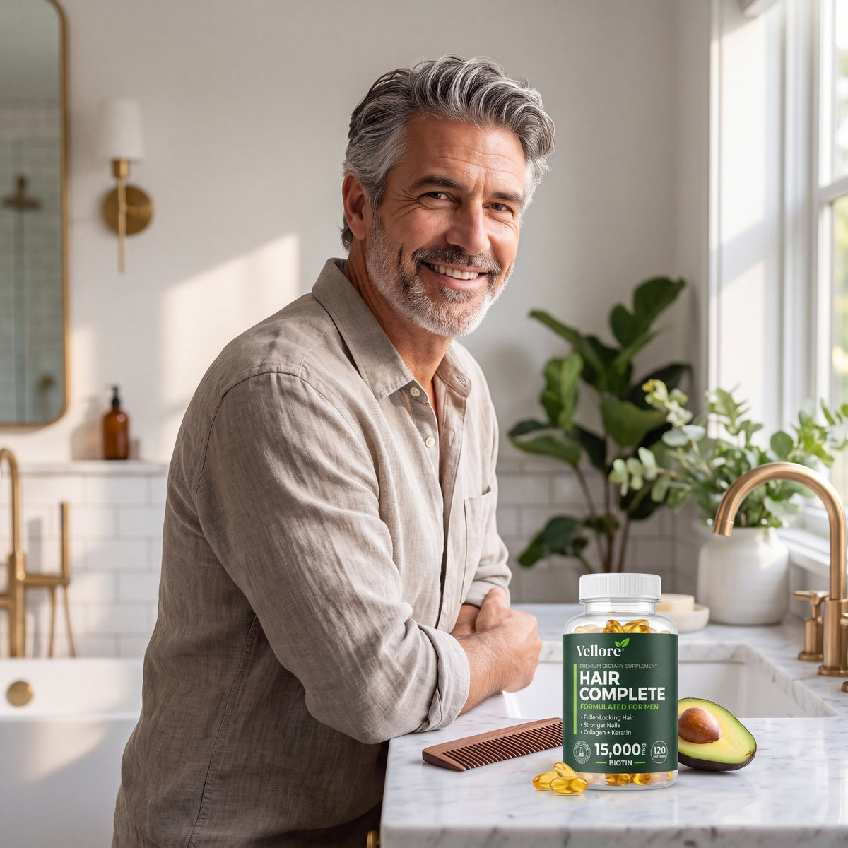 Smiling man in his 50s with full-looking hair at the bathroom sink with Hair Complete for Men