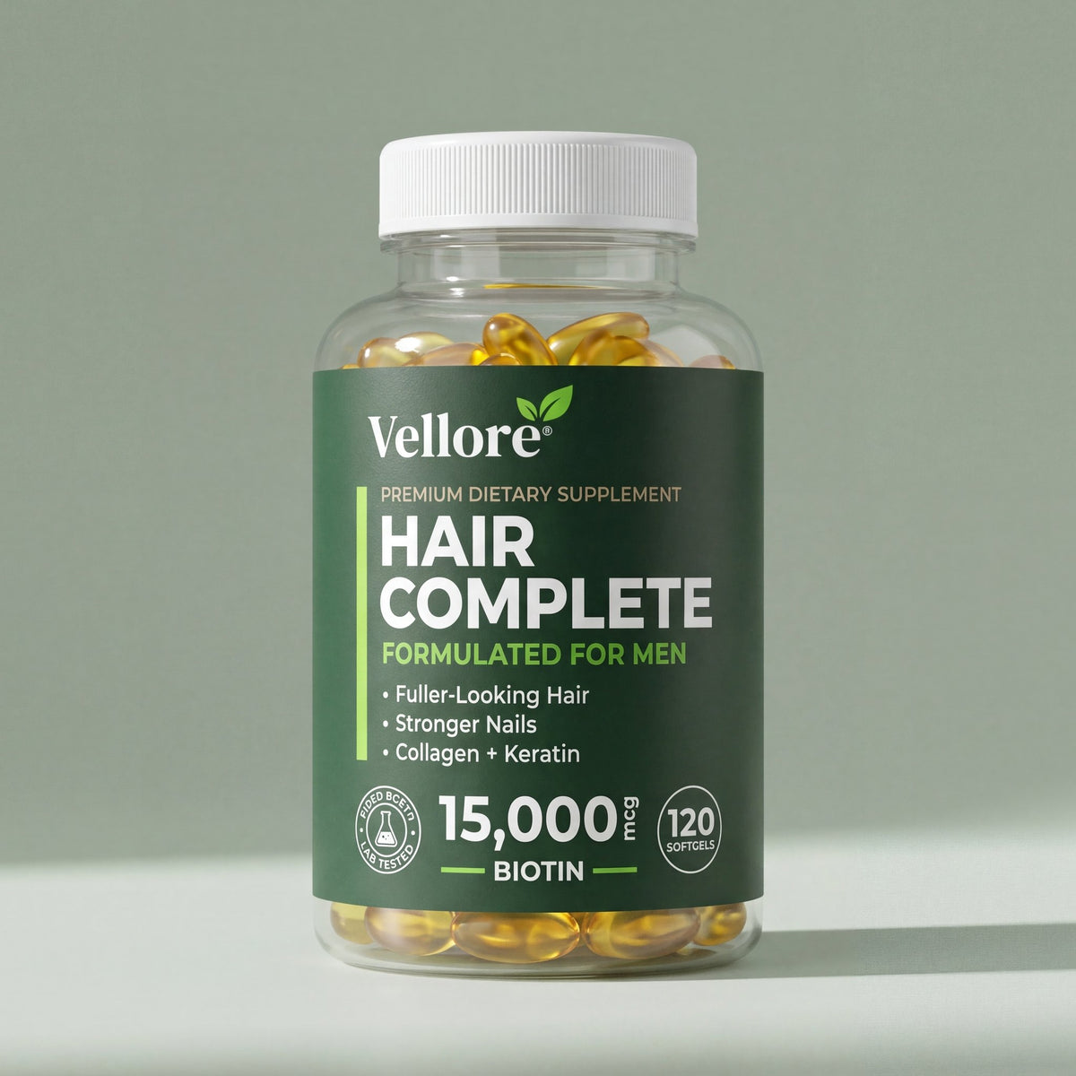 Vellore Hair Complete for Men bottle of 120 softgels, biotin 15,000 mcg hair vitamins for men