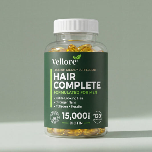 Vellore Hair Complete for Men bottle of 120 softgels, biotin 15,000 mcg hair vitamins for men