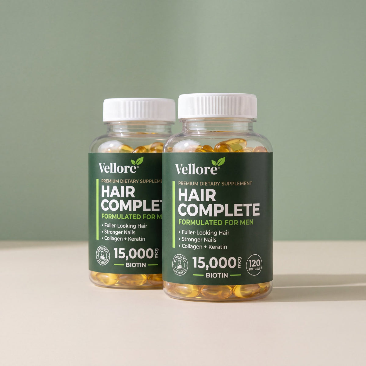 Two bottles of Vellore Hair Complete for Men biotin softgels, a 120-day supply