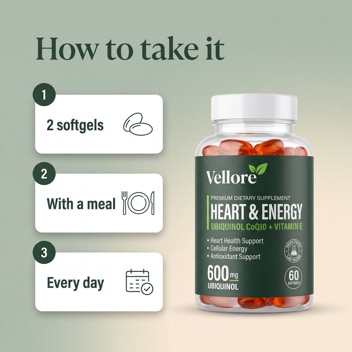 How to use Heart & Energy: take 2 softgels a day with a meal that contains some fat