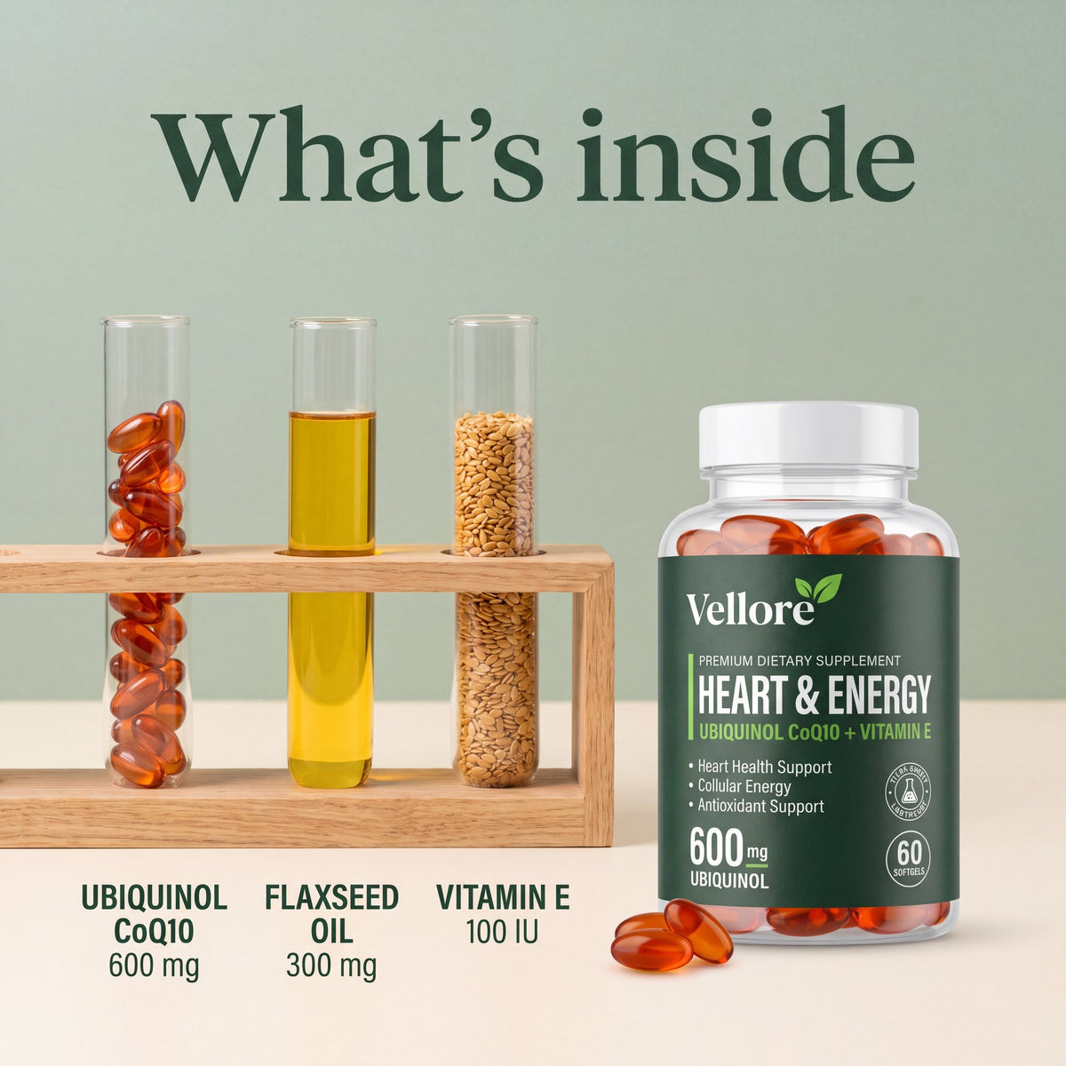 What's inside Heart & Energy: ubiquinol 600 mg, vitamin E and flaxseed oil per 2 softgels