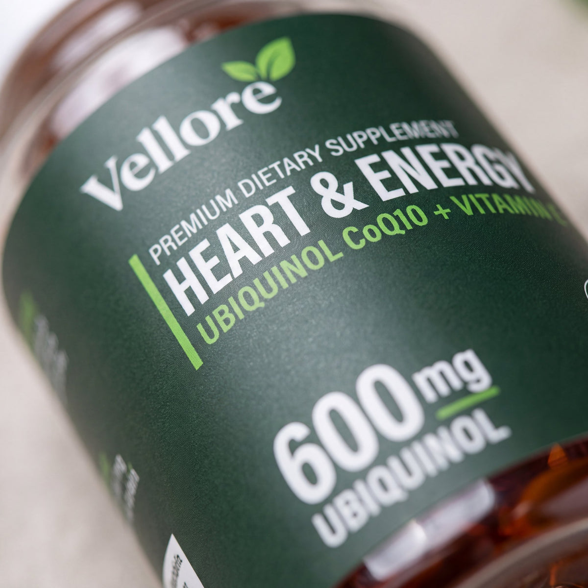 Close-up of the Heart & Energy label showing ubiquinol, vitamin E and flaxseed oil amounts