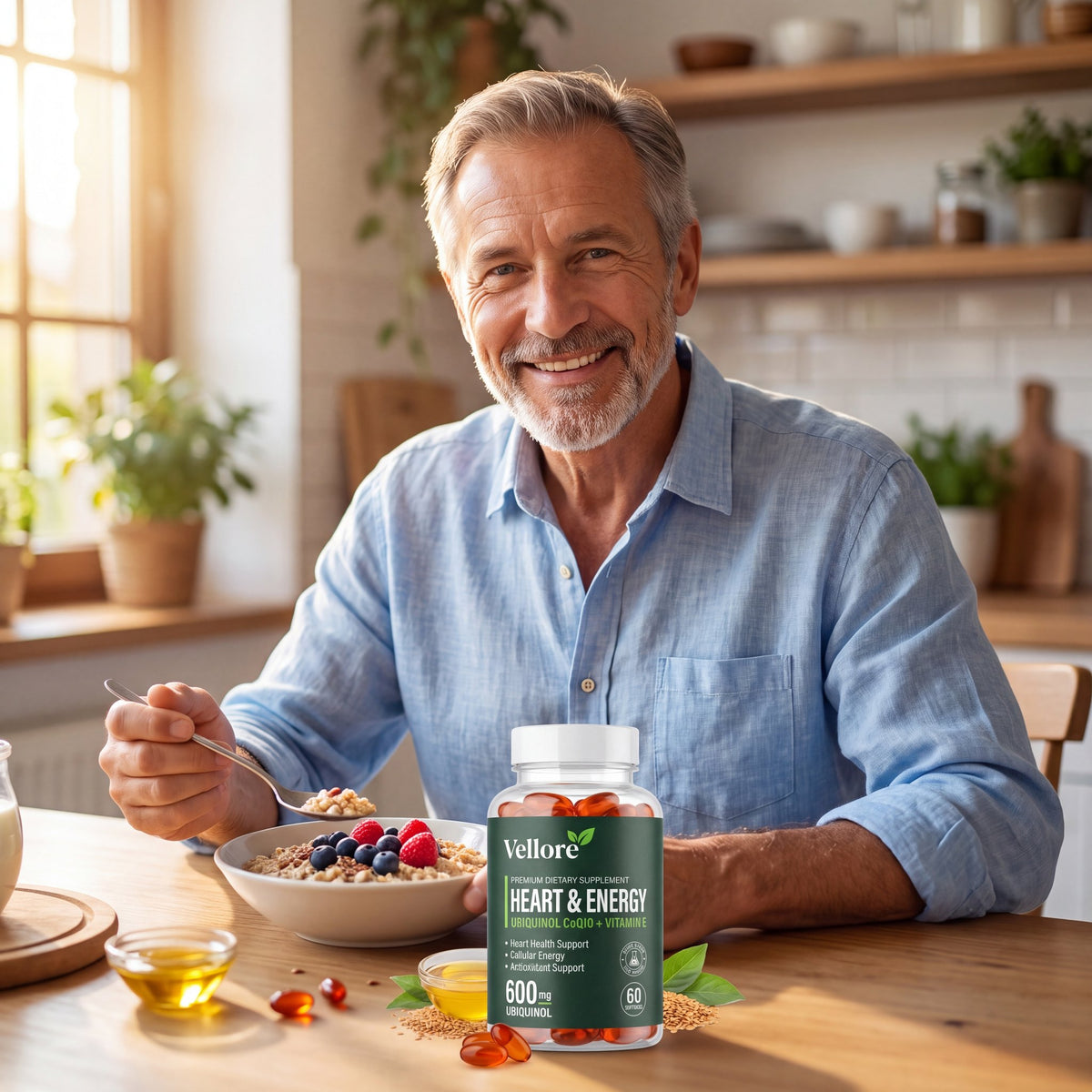 Smiling man in his 50s at breakfast with a bottle of Vellore Heart & Energy CoQ10 on the table