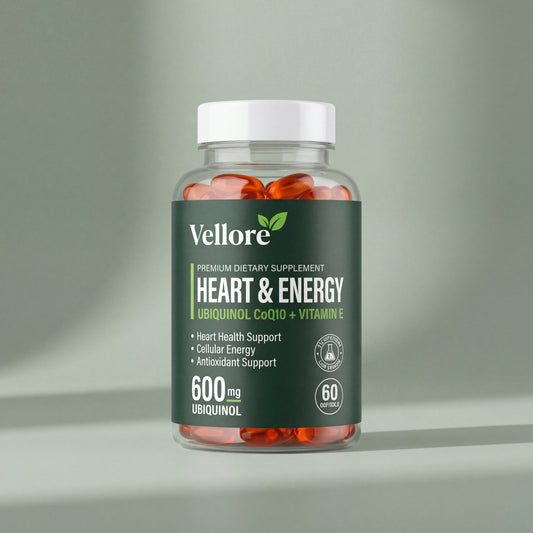 Vellore Heart & Energy bottle of 60 ubiquinol CoQ10 softgels, 600 mg per serving