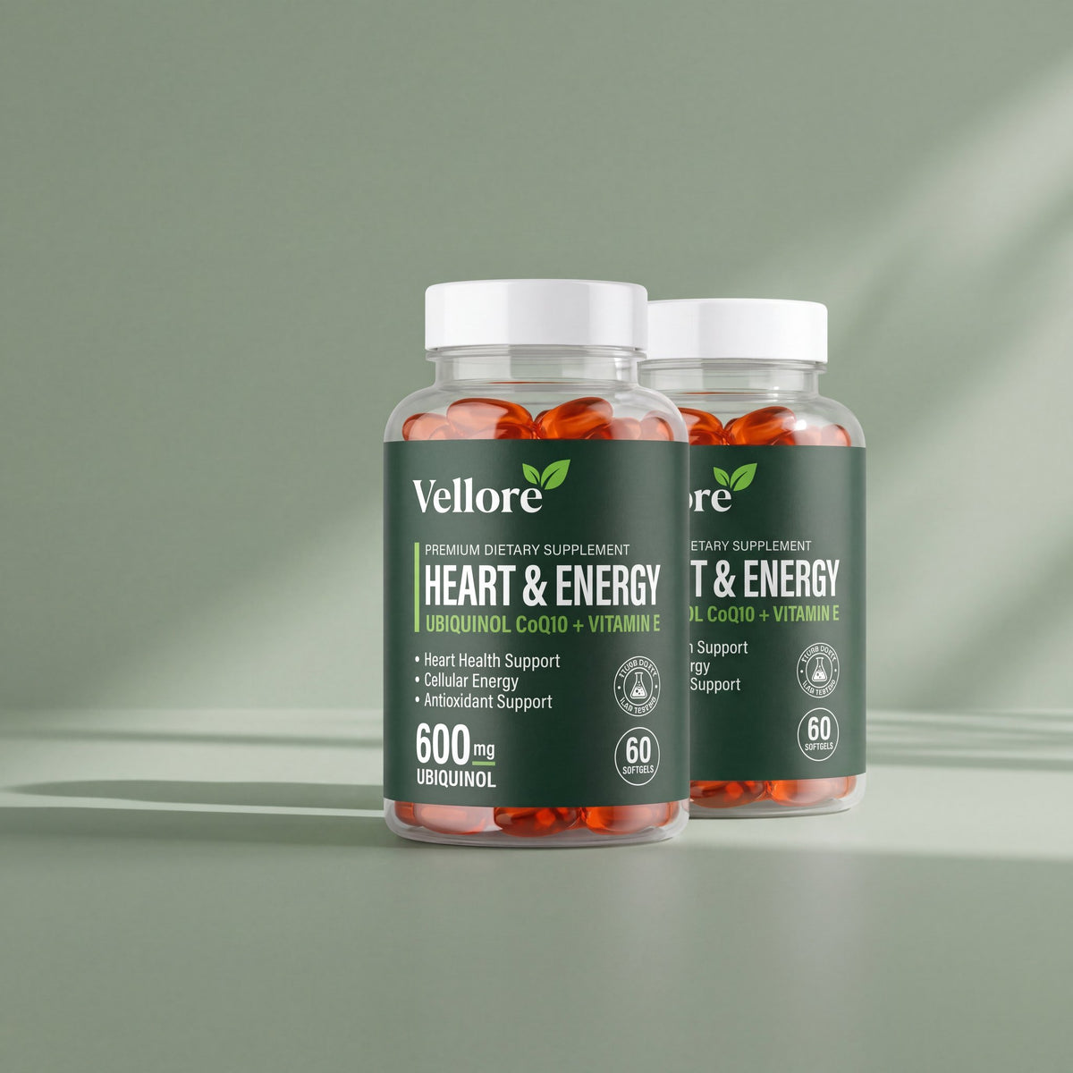 Two bottles of Vellore Heart & Energy ubiquinol CoQ10 softgels, a 60-day supply