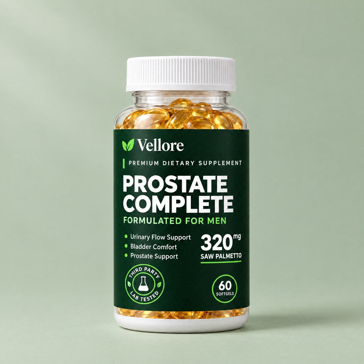 Vellore Prostate Complete bottle of 60 saw palmetto softgels, a prostate supplement for men 45+