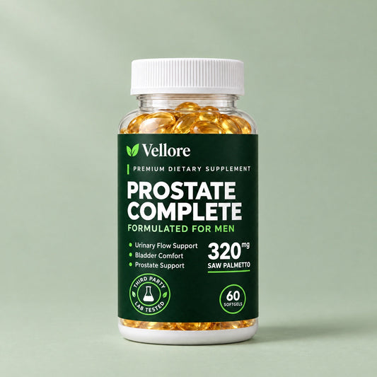 Vellore Prostate Complete bottle of 60 saw palmetto softgels, a prostate supplement for men 45+