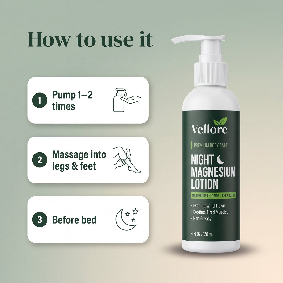 How to use: massage one or two pumps of magnesium lotion into calves and feet before bed