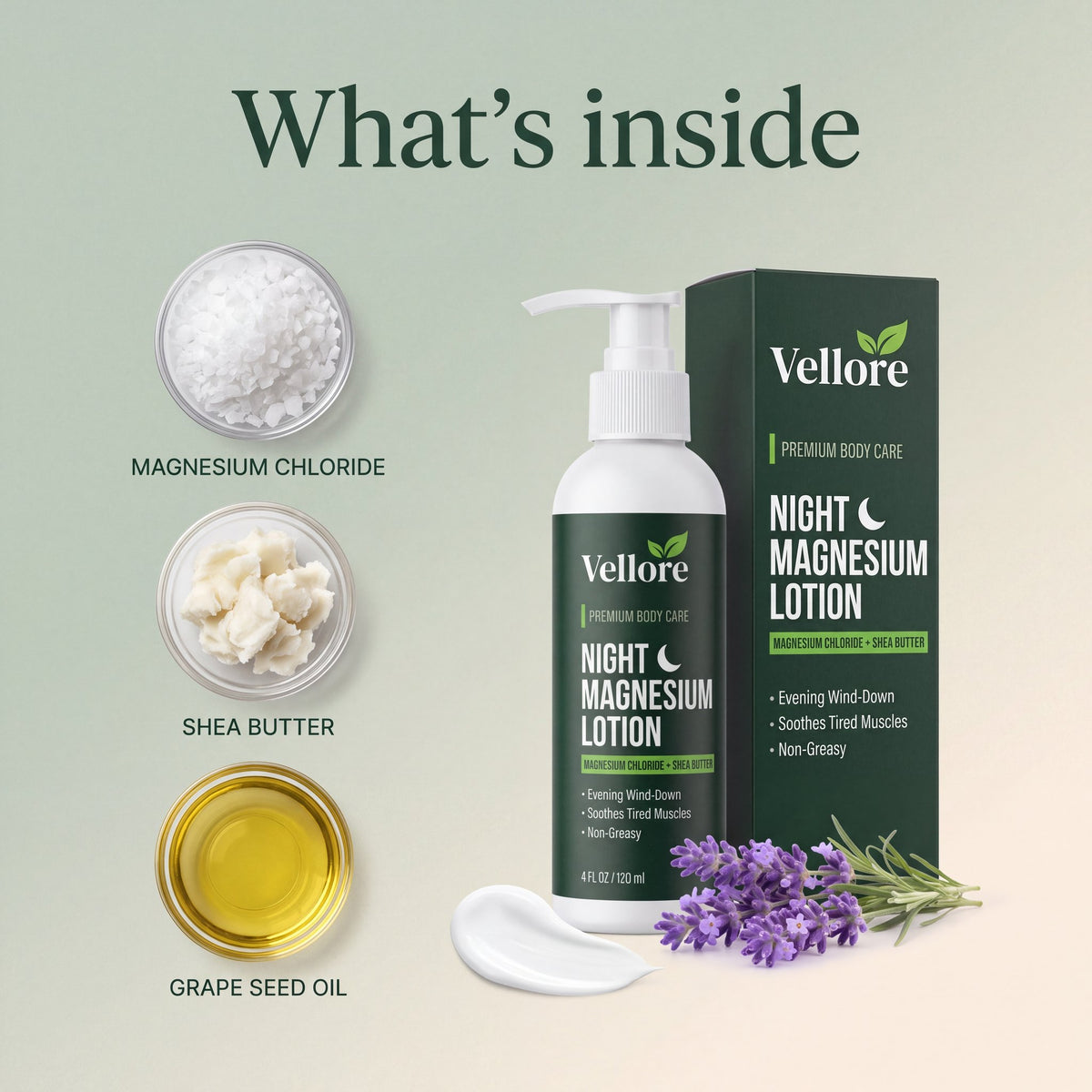 What's inside Night Magnesium Lotion: magnesium chloride, shea butter, grape seed oil and coconut oil