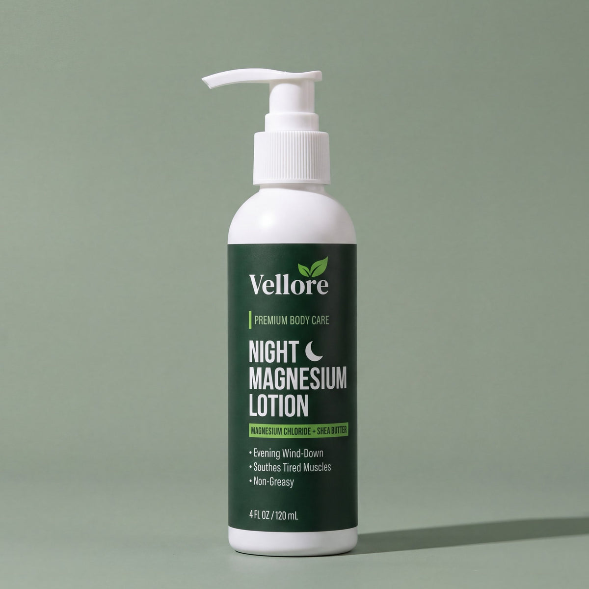 Vellore Night Magnesium Lotion 4 fl oz (120 mL) pump bottle, a non-greasy magnesium lotion for legs and feet