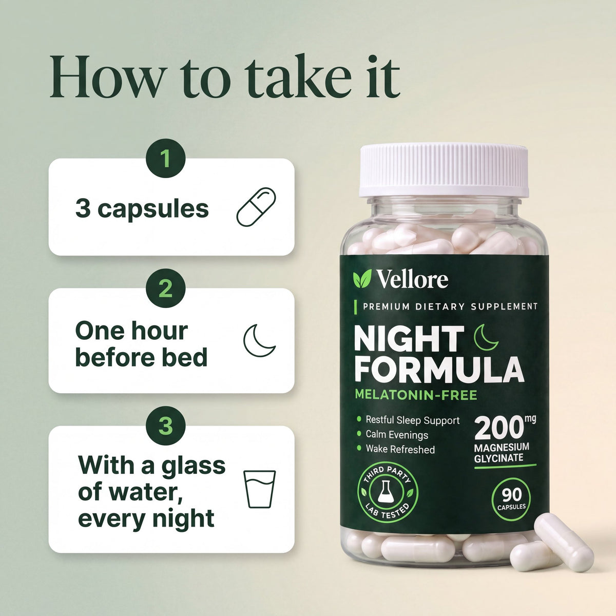How to use Night Formula: take 3 capsules with water about one hour before bed