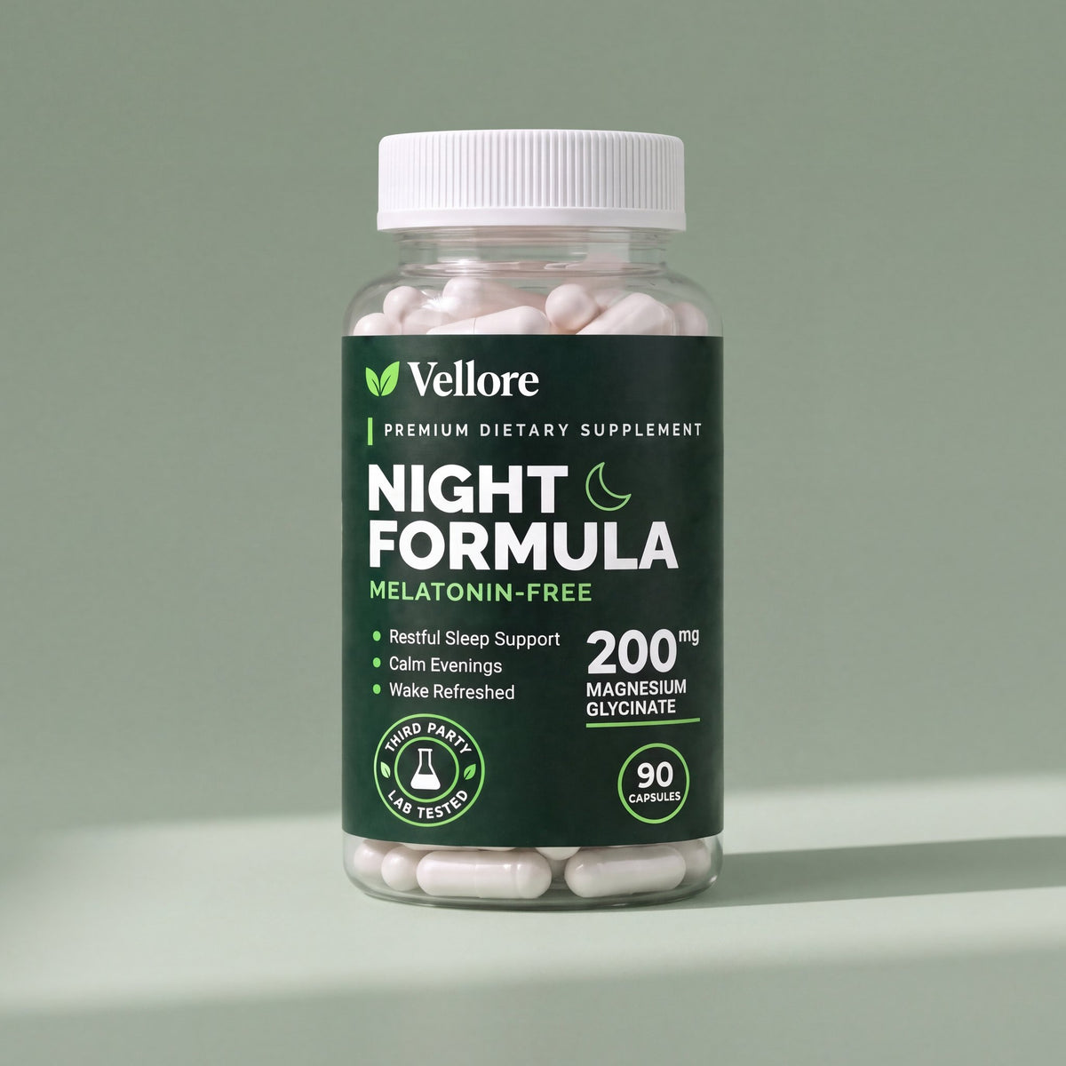 Vellore Night Formula bottle of 90 capsules, a melatonin-free magnesium glycinate sleep supplement