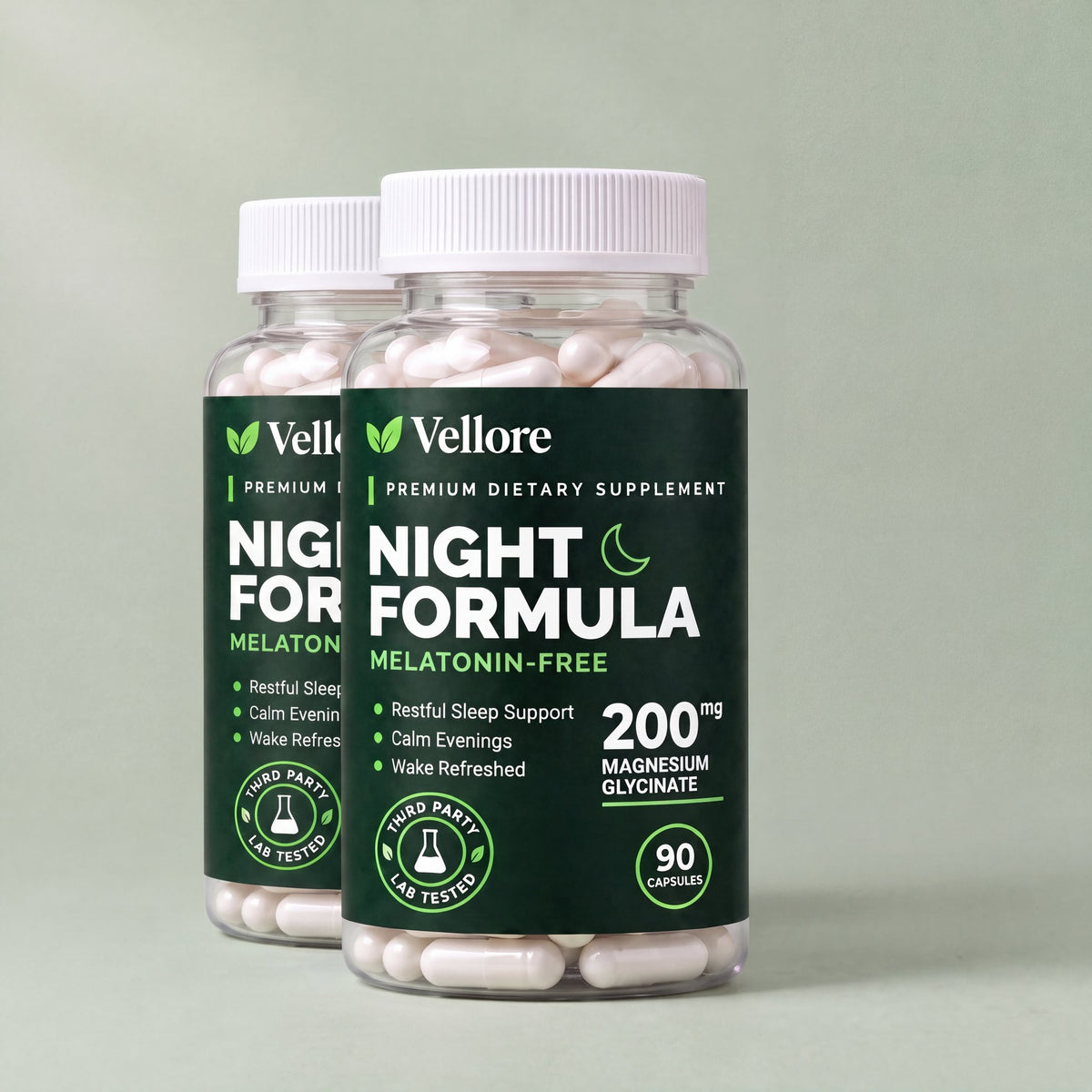 Two bottles of Vellore Night Formula magnesium sleep capsules, a 60-day supply