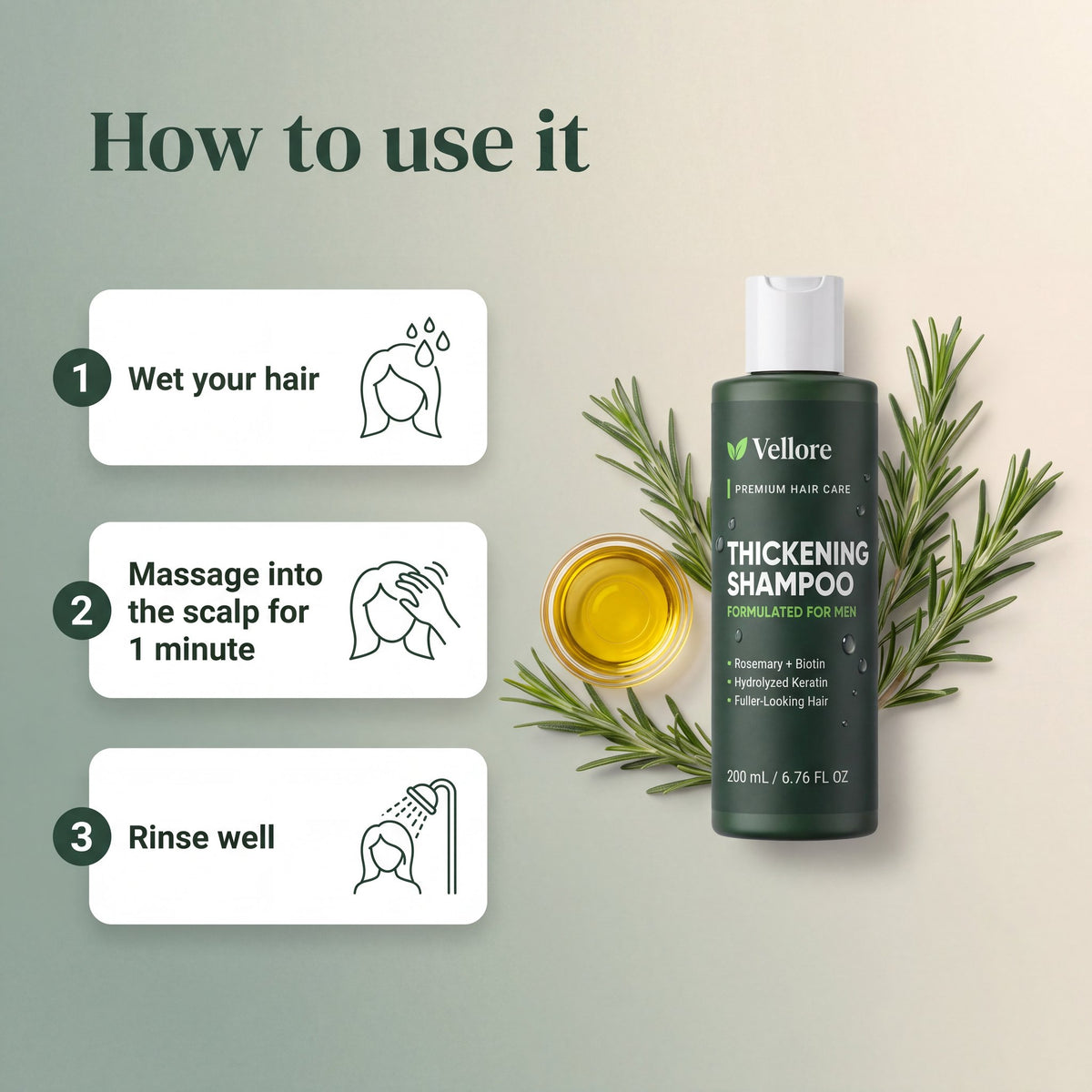 How to use: massage Thickening Shampoo into wet hair and scalp for one minute, then rinse