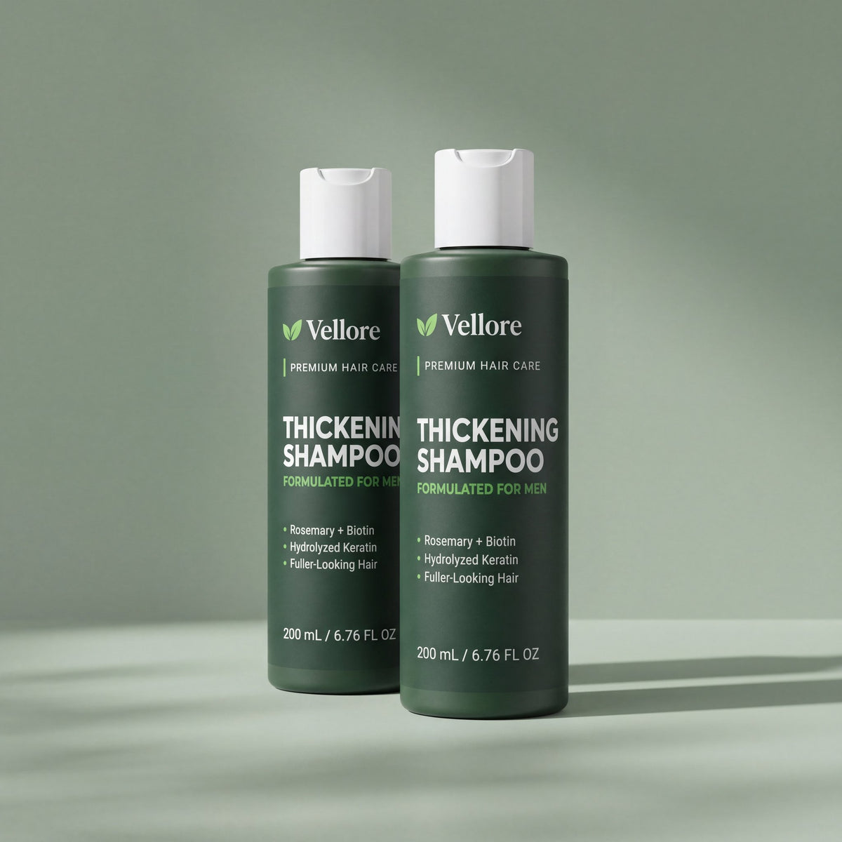 Two bottles of Vellore Thickening Shampoo for Men, 200 mL each