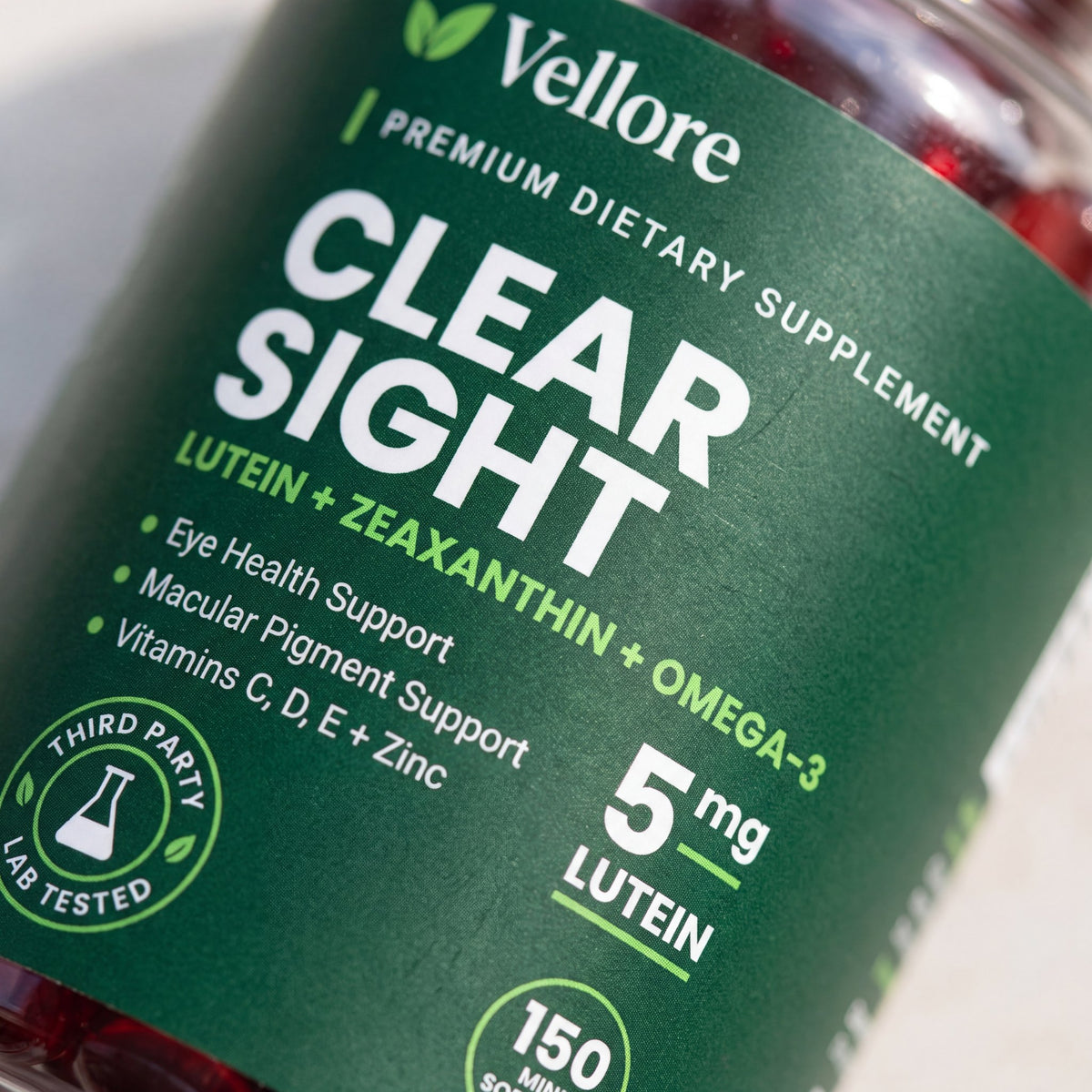 Close-up of the Clear Sight supplement facts label with lutein, zeaxanthin and omega-3 amounts