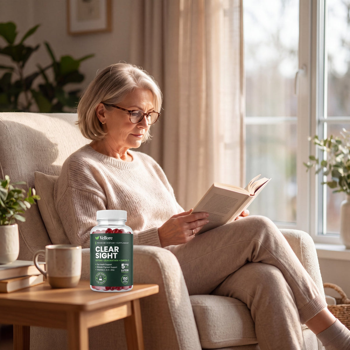 Woman in her 60s reading in an armchair by the window with Clear Sight eye vitamins on the table