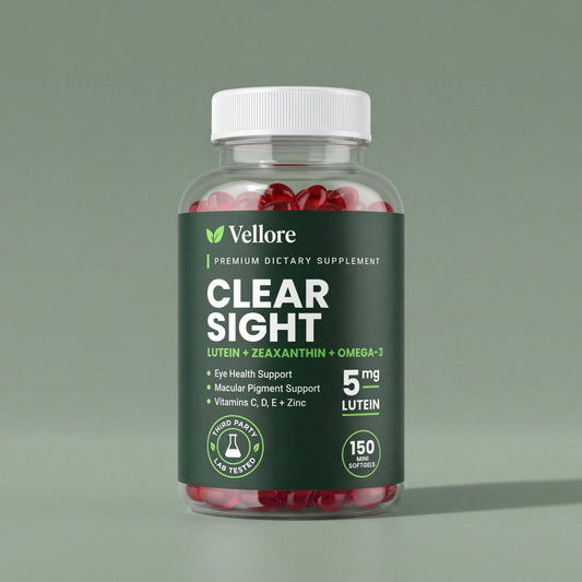 Vellore Clear Sight bottle of 150 mini softgels, lutein and zeaxanthin eye vitamins with omega-3