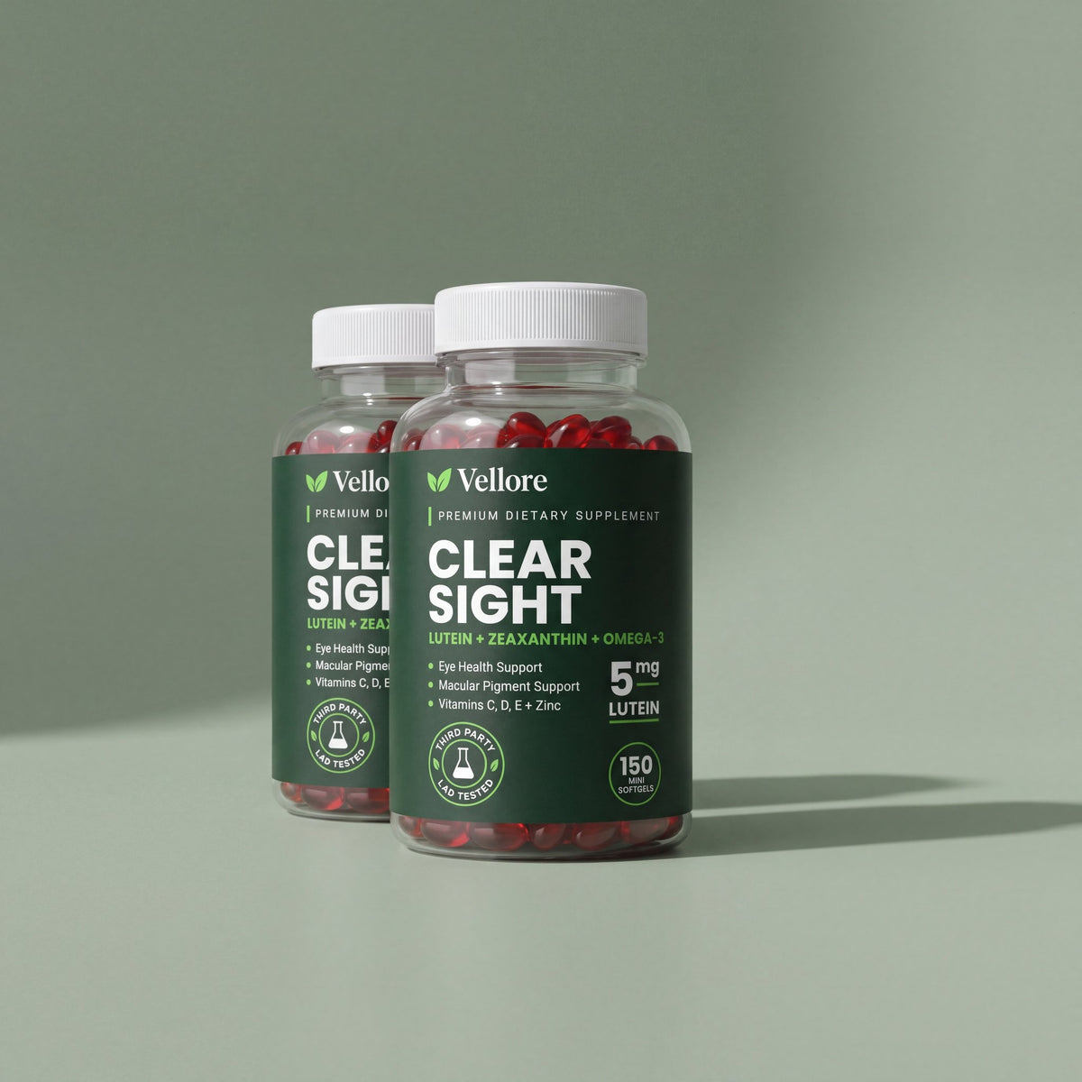 Two bottles of Vellore Clear Sight eye vitamins, a 10-month supply