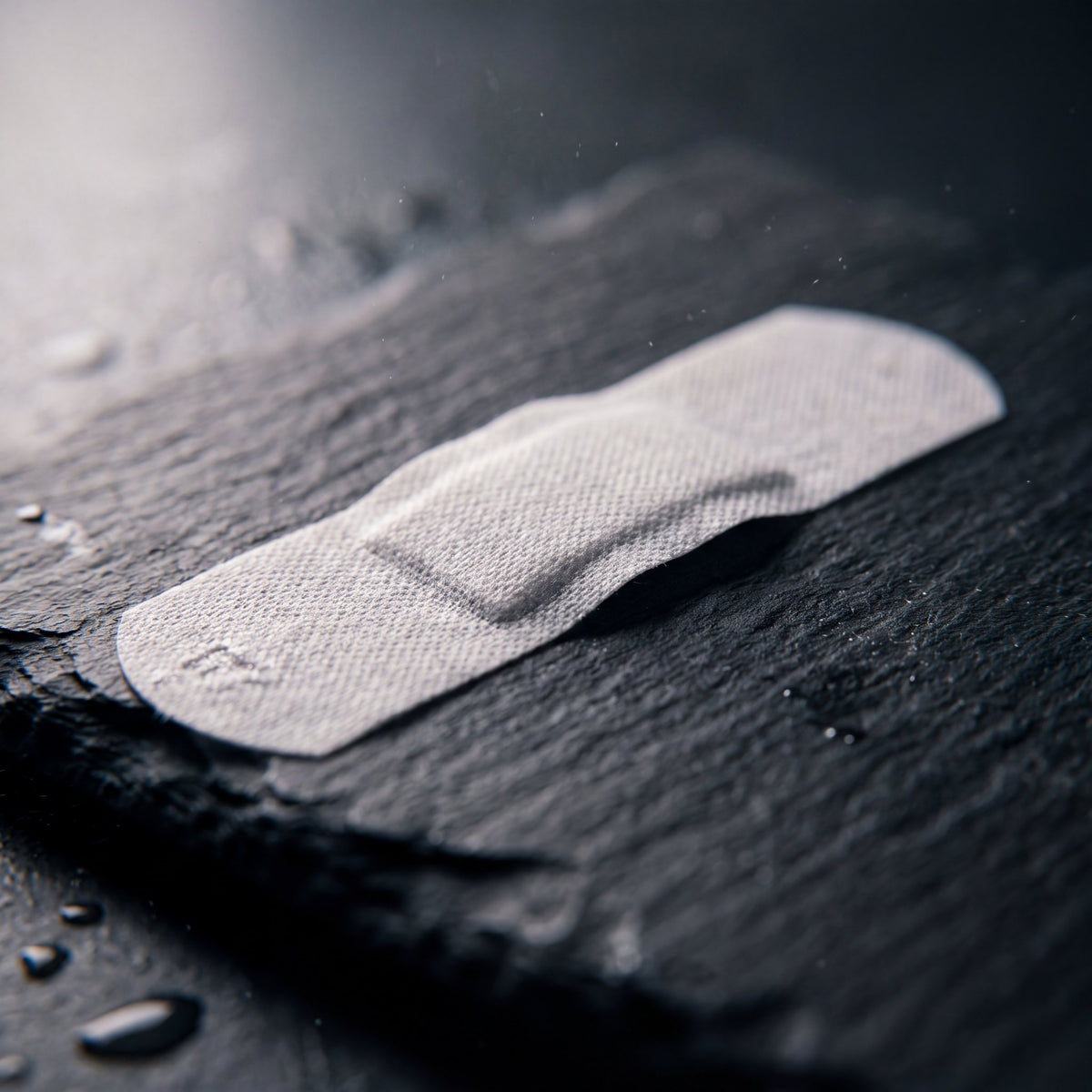Single white Quiet Nights nasal strip on a dark stone surface